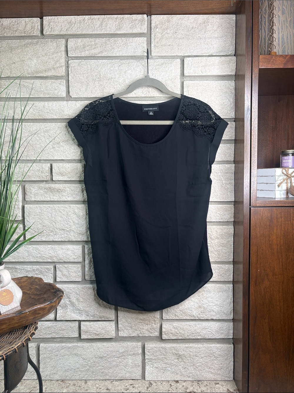 Forever 21 Black Lace-Shoulder Cap Sleeve Blouse